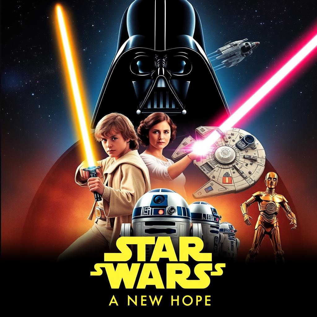 Epic movie poster for Star Wars: A New Hope, featuring iconic characters like Luke Skywalker holding a lightsaber, Princess Leia with a blaster, Darth Vader looming in the background, and the Millennium Falcon soaring through space amidst distant stars