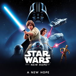 Epic movie poster for Star Wars: A New Hope, featuring iconic characters like Luke Skywalker holding a lightsaber, Princess Leia with a blaster, Darth Vader looming in the background, and the Millennium Falcon soaring through space amidst distant stars