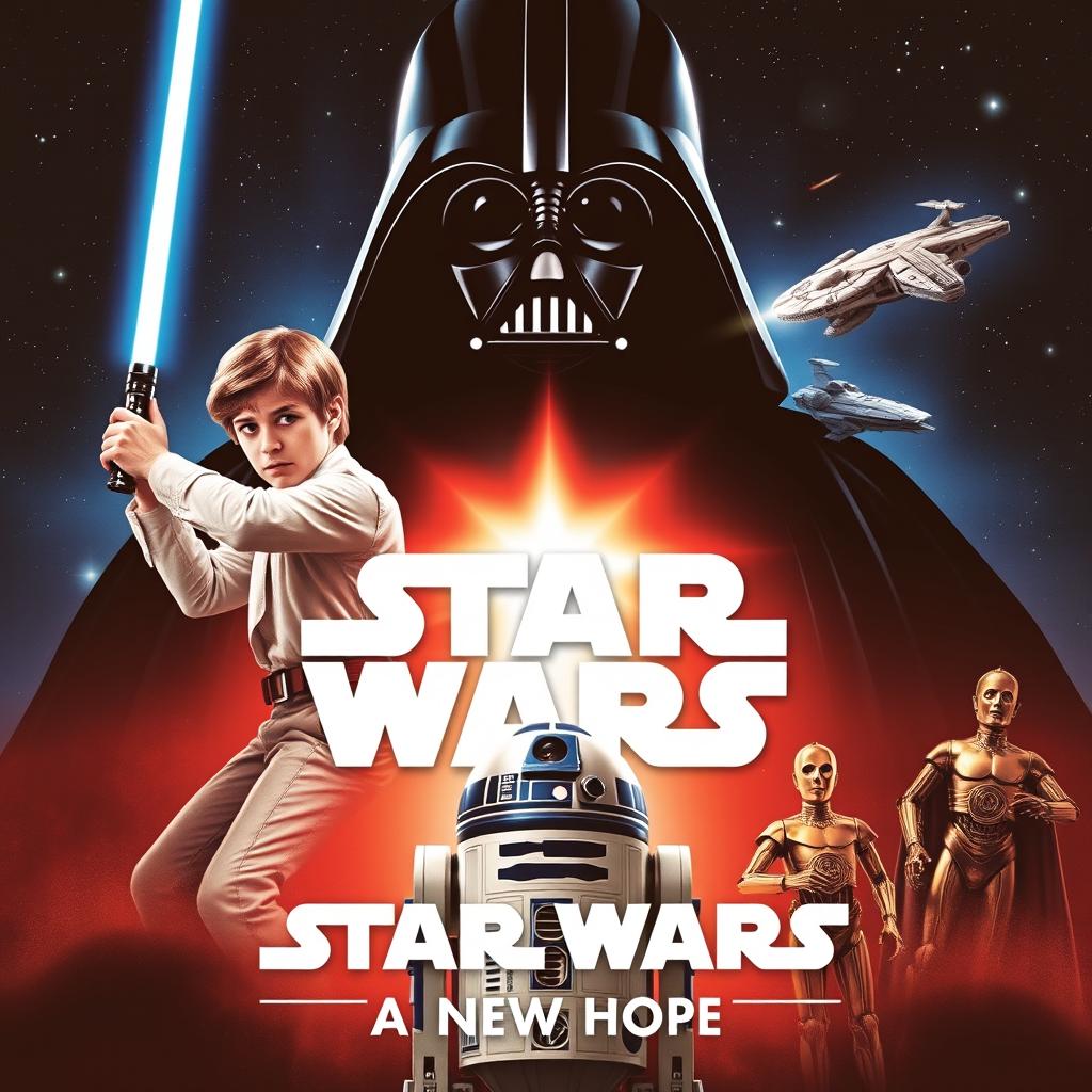 Epic movie poster for Star Wars: A New Hope, featuring iconic characters like Luke Skywalker holding a lightsaber, Princess Leia with a blaster, Darth Vader looming in the background, and the Millennium Falcon soaring through space amidst distant stars