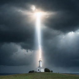 Create a poster showing a beacon of light shining through a stormy sky with text overlaying that reads 'Keep faith amidst suffering'. Make the message hopeful and uplifting.