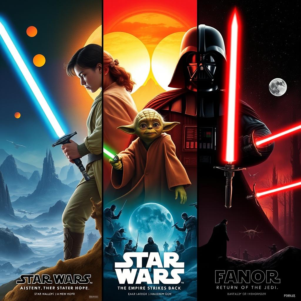 Create a series of fantasy-style movie posters for each Star Wars movie