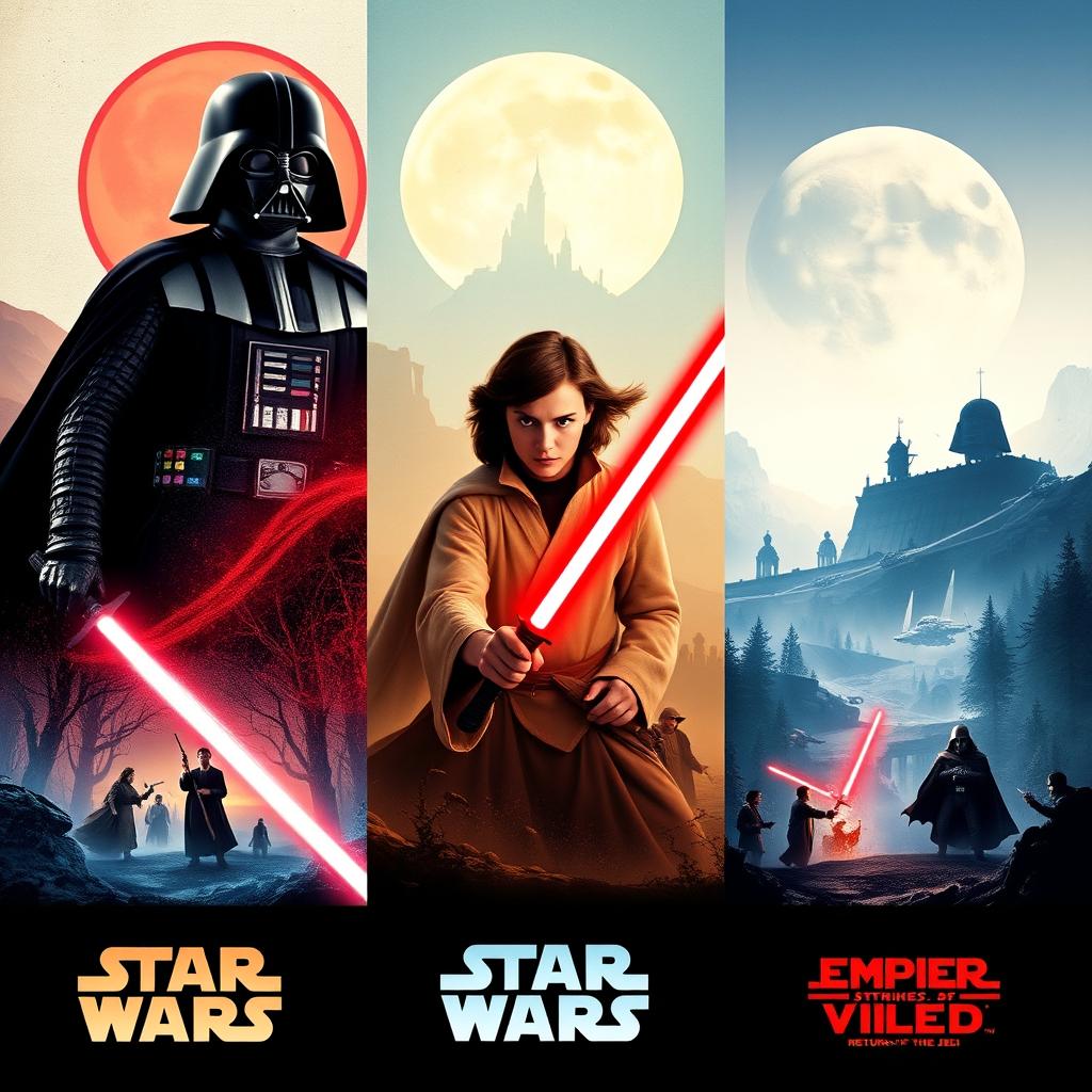 Create a series of fantasy-style movie posters for each Star Wars movie