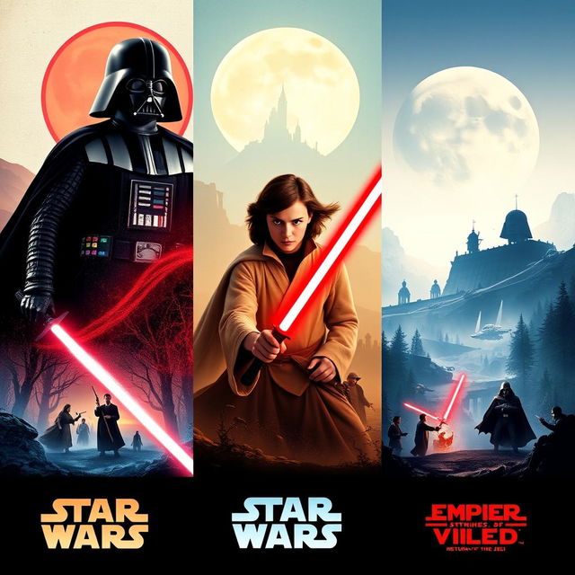 Create a series of fantasy-style movie posters for each Star Wars movie