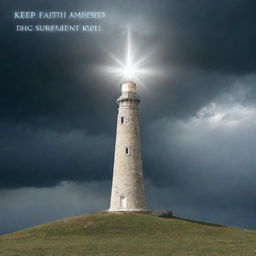 Create a poster showing a beacon of light shining through a stormy sky with text overlaying that reads 'Keep faith amidst suffering'. Make the message hopeful and uplifting.