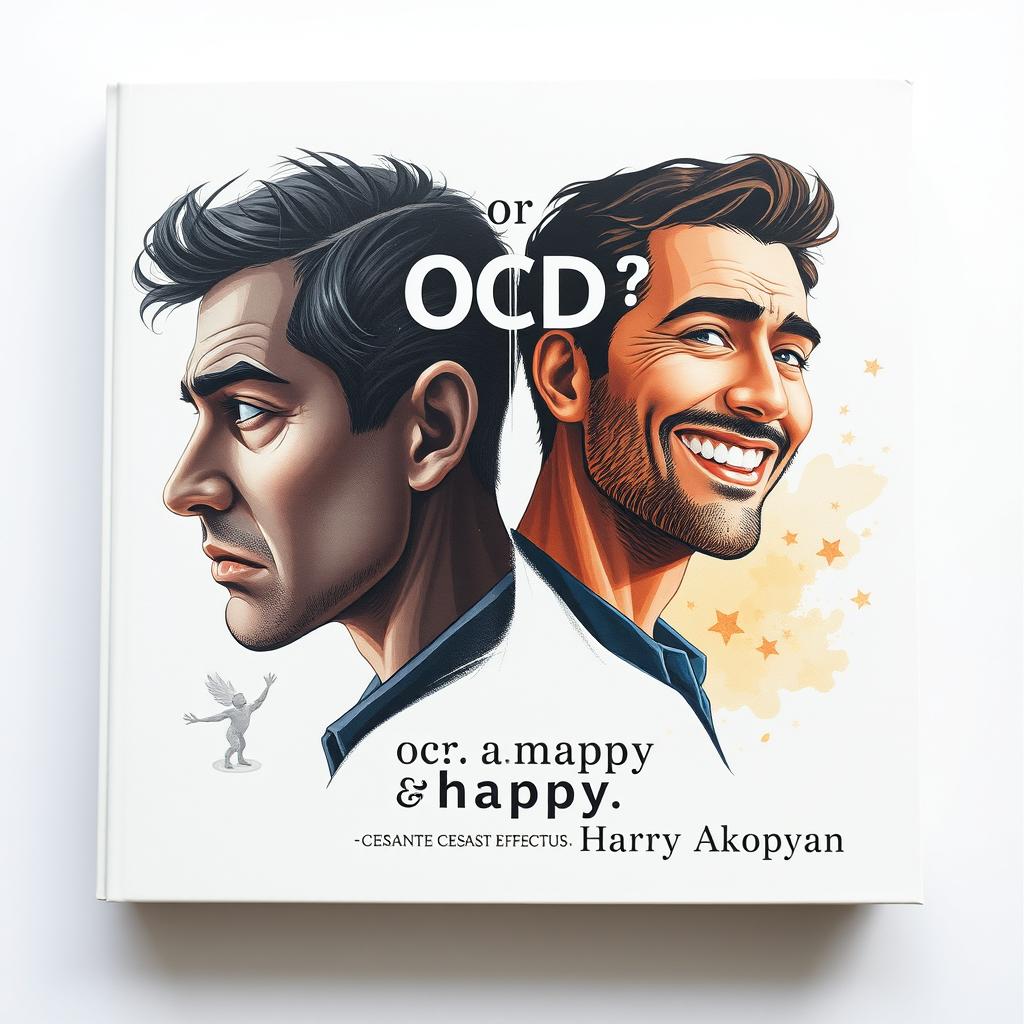 Design an ultra-realistic book cover for 'OCD or Happy Life?' by Harry Akopyan featuring the quote 'CESSANTE CAUSA CESSAT EFFECTUS' beneath the title