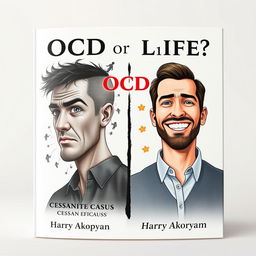 Design an ultra-realistic book cover for 'OCD or Happy Life?' by Harry Akopyan featuring the quote 'CESSANTE CAUSA CESSAT EFFECTUS' beneath the title