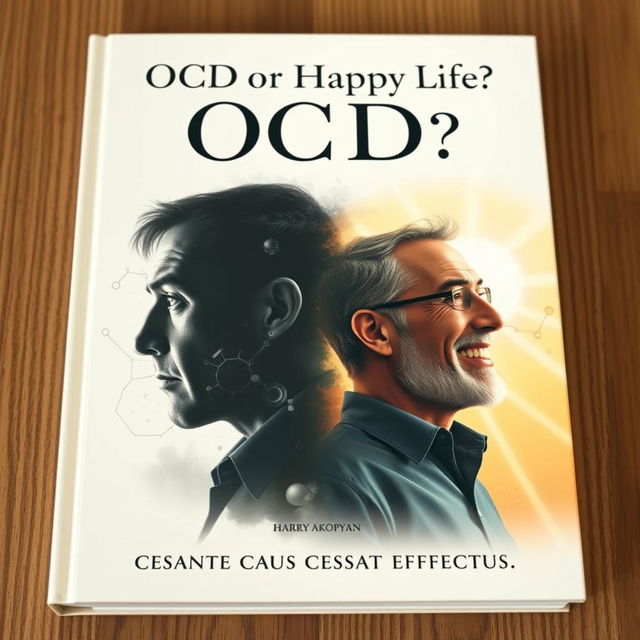 Create an extremely realistic book cover for 'OCD or Happy Life?' by Harry Akopyan, featuring the quote 'CESSANTE CAUSA CESSAT EFFECTUS' beneath the title