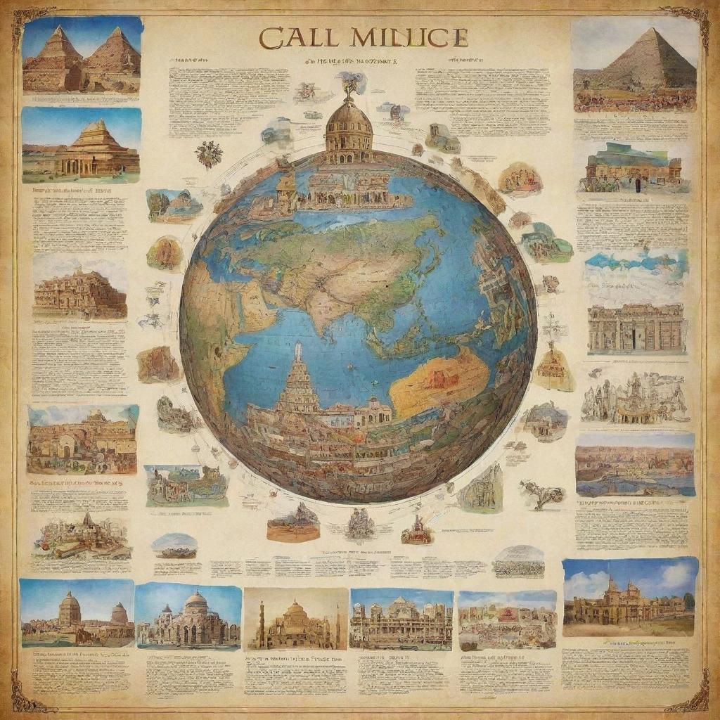 Design a visually appealing poster exhibiting different timelines and accomplishments of various global civilizations. Include their buildings, inventions, clothing, and artworks.