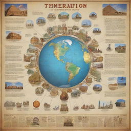 Design a visually appealing poster exhibiting different timelines and accomplishments of various global civilizations. Include their buildings, inventions, clothing, and artworks.