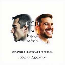 Design an ultra-realistic book cover for 'OCD or Happy Life?' by Harry Akopyan with the quote 'CESSANTE CAUSA CESSAT EFFECTUS' featured prominently beneath the main title