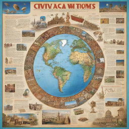 Design a visually appealing poster exhibiting different timelines and accomplishments of various global civilizations. Include their buildings, inventions, clothing, and artworks.