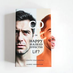 Design an ultra-realistic book cover for 'OCD or Happy Life?' by Harry Akopyan with the quote 'CESSANTE CAUSA CESSAT EFFECTUS' featured prominently beneath the main title