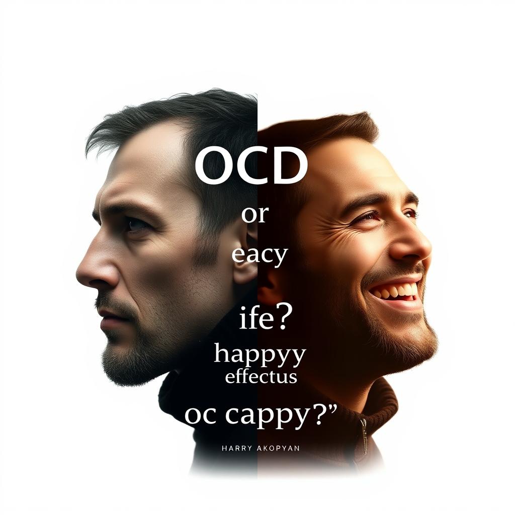 Design an ultra-realistic book cover for 'OCD or Happy Life?' by Harry Akopyan with the quote 'CESSANTE CAUSA CESSAT EFFECTUS' featured prominently beneath the main title