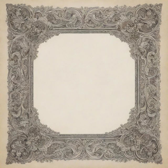 An intricate illustration of an ornate border design on the edges of a blank bond paper, featuring intricate swirls and detailing.