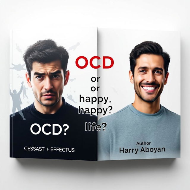 Create an ultra-realistic book cover for 'OCD or Happy Life?' by Harry Akopyan, prominently featuring the quote 'CESSANTE CAUSA CESSAT EFFECTUS' under the main title