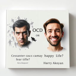 Create an ultra-realistic book cover for 'OCD or Happy Life?' by Harry Akopyan, prominently featuring the quote 'CESSANTE CAUSA CESSAT EFFECTUS' under the main title