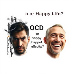 Create an ultra-realistic book cover for 'OCD or Happy Life?' by Harry Akopyan, prominently featuring the quote 'CESSANTE CAUSA CESSAT EFFECTUS' under the main title