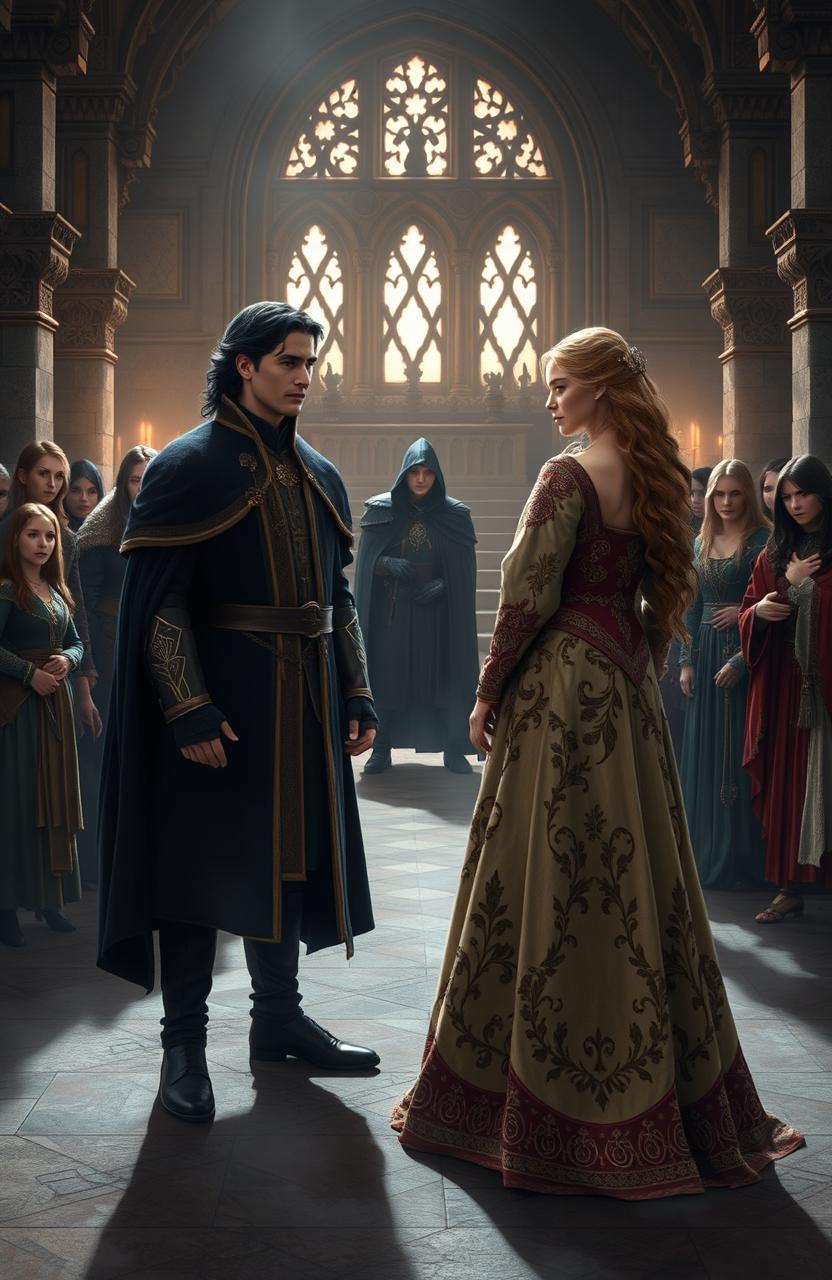 A dramatic scene depicting the tense yet hopeful union between Megwyn, the noble and serene eldest daughter of the Gwyngarran Queen, and Rhodaan Tochtarin Nikolash