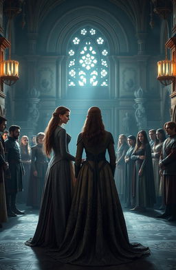 A dramatic scene depicting the tense yet hopeful union between Megwyn, the noble and serene eldest daughter of the Gwyngarran Queen, and Rhodaan Tochtarin Nikolash