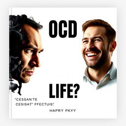 Design a striking book cover for 'OCD or Happy Life?' by Harry Akopyan with the quote 'CESSANTE CAUSA CESSAT EFFECTUS' prominently displayed below the main title