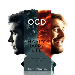 Design a striking book cover for 'OCD or Happy Life?' by Harry Akopyan with the quote 'CESSANTE CAUSA CESSAT EFFECTUS' prominently displayed below the main title