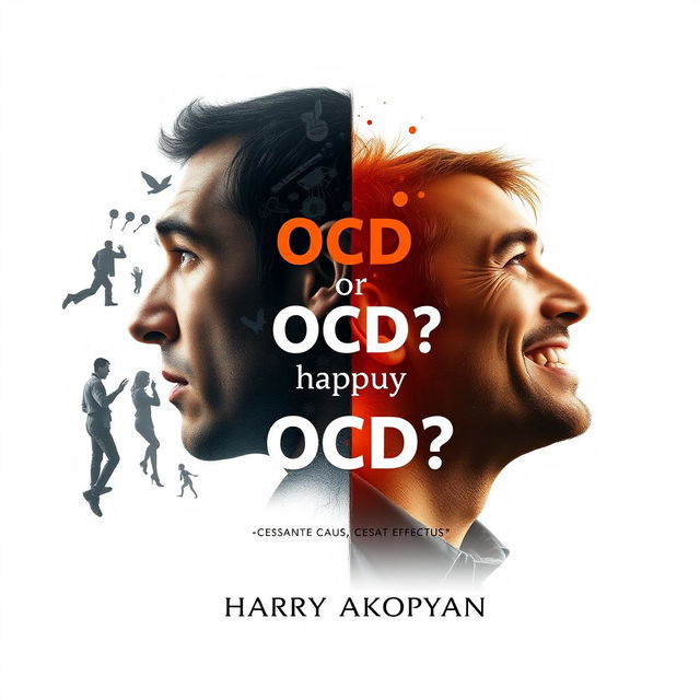 Design a striking book cover for 'OCD or Happy Life?' by Harry Akopyan with the quote 'CESSANTE CAUSA CESSAT EFFECTUS' prominently displayed below the main title