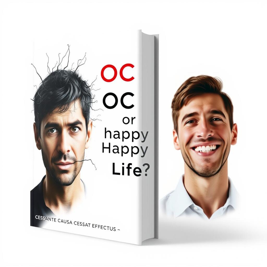 Design a realistic book cover for 'OCD or Happy Life?' by Harry Akopyan, with the quote 'CESSANTE CAUSA CESSAT EFFECTUS' prominently featured beneath the title