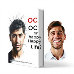 Design a realistic book cover for 'OCD or Happy Life?' by Harry Akopyan, with the quote 'CESSANTE CAUSA CESSAT EFFECTUS' prominently featured beneath the title