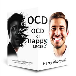 Design a realistic book cover for 'OCD or Happy Life?' by Harry Akopyan, with the quote 'CESSANTE CAUSA CESSAT EFFECTUS' prominently featured beneath the title