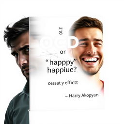 Design a realistic book cover for 'OCD or Happy Life?' by Harry Akopyan, with the quote 'CESSANTE CAUSA CESSAT EFFECTUS' prominently featured beneath the title