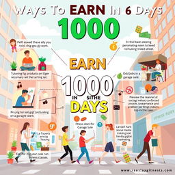 A dynamic illustration showing ten different ways to earn 1000 dollars in six days