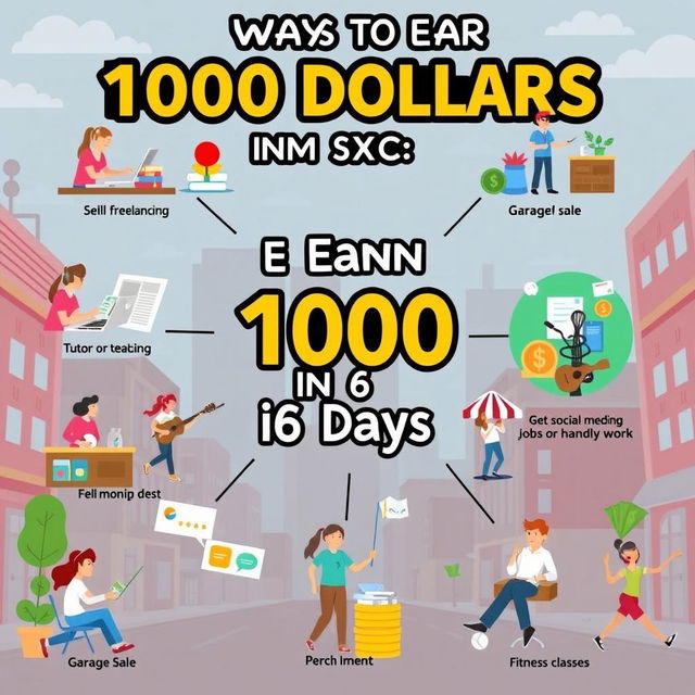 A dynamic illustration showing ten different ways to earn 1000 dollars in six days