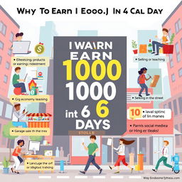 A dynamic illustration showing ten different ways to earn 1000 dollars in six days