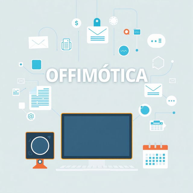 A poster design for a topic on office automation, prominently featuring the title 'OFIMÁTICA' in sleek, professional typography