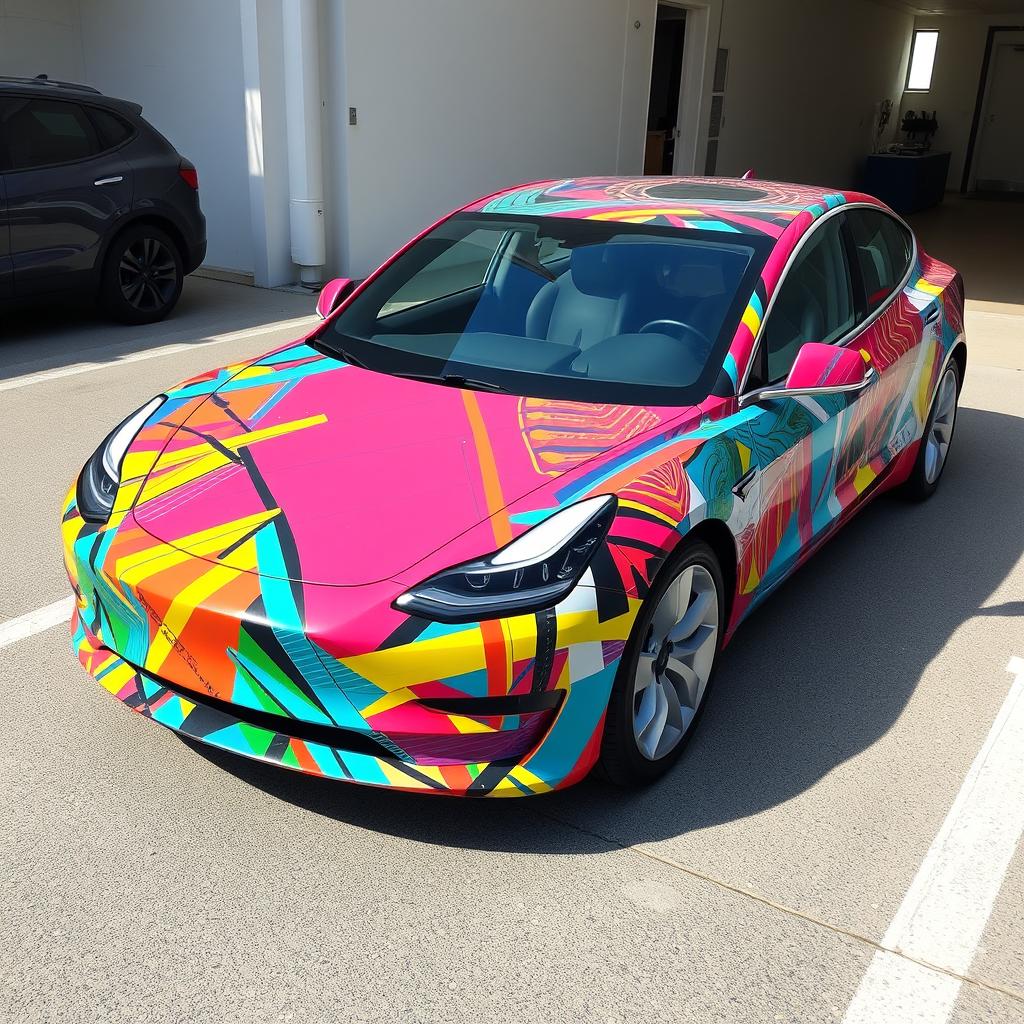 A Model 3 Tesla car completely wrapped in colorful masking tape, featuring abstract designs