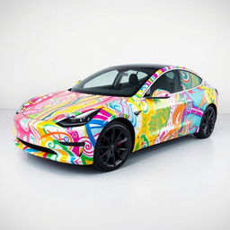 A Model 3 Tesla car completely wrapped in colorful masking tape, featuring abstract designs