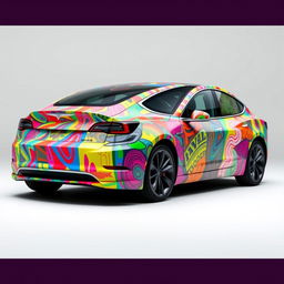 A Model 3 Tesla car completely wrapped in colorful masking tape, featuring abstract designs