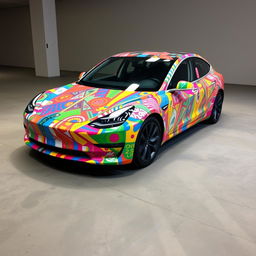 A Model 3 Tesla car completely wrapped in colorful masking tape, featuring abstract designs