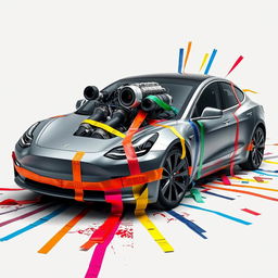 A Tesla Model 3 with a V8 engine attempting to burst out of the frunk, restrained by colorful masking tapes