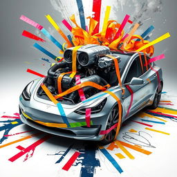 A Tesla Model 3 with a V8 engine attempting to burst out of the frunk, restrained by colorful masking tapes