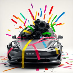 A Tesla Model 3 with a V8 engine attempting to burst out of the frunk, restrained by colorful masking tapes