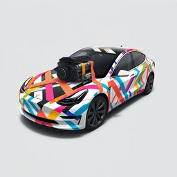 A 2D wrap design for a Model 3 Tesla, featuring a creative use of multi-colored masking tape as if holding the car together