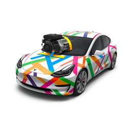 A 2D wrap design for a Model 3 Tesla, featuring a creative use of multi-colored masking tape as if holding the car together