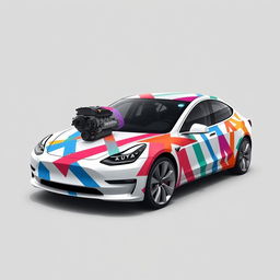 A 2D wrap design for a Model 3 Tesla, featuring a creative use of multi-colored masking tape as if holding the car together