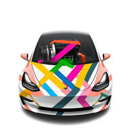 A 2D wrap design for a Model 3 Tesla, featuring a creative use of multi-colored masking tape as if holding the car together