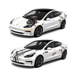 A 2D wrap design for a Tesla Model 3, showcasing an artistic use of masking tapes in various realistic colors like white, cream, black, and grey