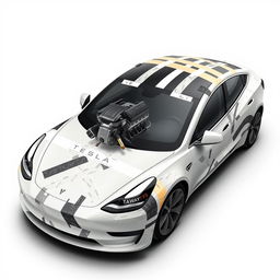 A 2D wrap design for a Tesla Model 3, showcasing an artistic use of masking tapes in various realistic colors like white, cream, black, and grey