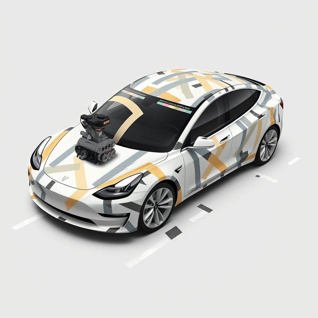 A 2D design conceptualizing a Model 3 Tesla with a wrap made entirely of masking tape in various colors, including realistic shades like white, cream, black, grey, and a few additional colors