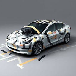 A 2D design conceptualizing a Model 3 Tesla with a wrap made entirely of masking tape in various colors, including realistic shades like white, cream, black, grey, and a few additional colors