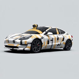 A 2D design conceptualizing a Model 3 Tesla with a wrap made entirely of masking tape in various colors, including realistic shades like white, cream, black, grey, and a few additional colors